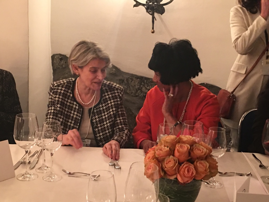 Rosalind Hudnell speaking at Intel’s Youth Skills Gap Dinner Discussion at WEF 2017 with Irina Bokova, Director-General of UNESCO.