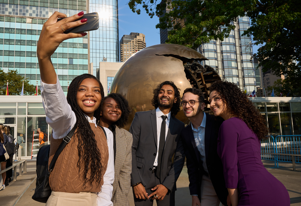 Global Youth Ambassadors Blessing Adogame, Gabriel Monteiro, Yuv Sungkur, Jennifer Borrero and Mathilde Boulogne arrive at the UN for the Transforming Education Summit in 2022.