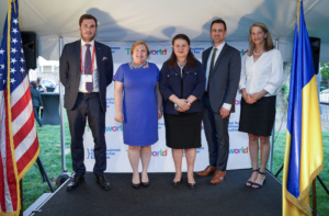 At Ukraine House in Washington, DC, from left to right: Harry Chapman of Economist Impact; Amy Burke of HP, Ambassador Oksana Markarova, Justin van Fleet, and Allyson Knox of Microsoft (Global Business Coalition for Education/Leigh Vogel)