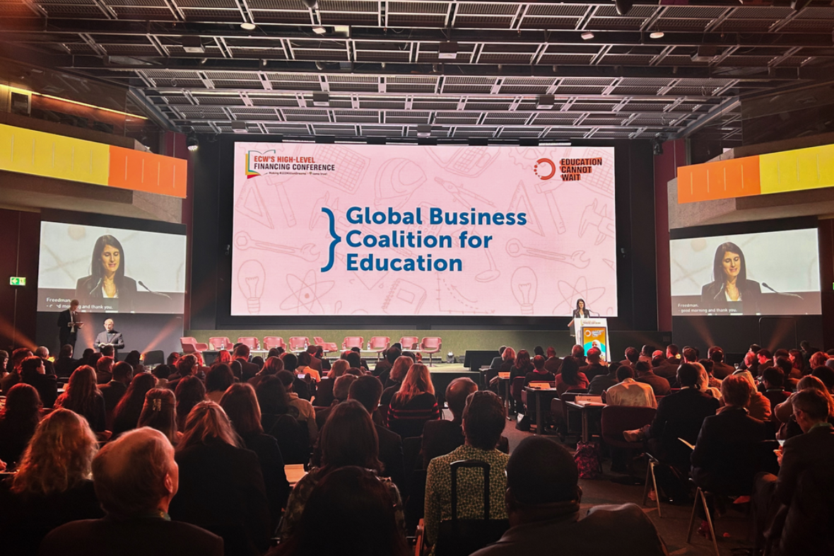 Emily Friedman, GBC-Education's Head of Business Impact, announces a $50 million pledge at the Education Cannot Wait High-Level Funding Conference, February 2023.