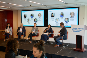 Panelists discussed our ESG playbook at a recent event. From left: Sarah Keh of Prudential Financial; Gilles Vermot Desroches of Schneider Electric; Emma Urisch of The Human Safety Net; Payal Dalal of Mastercard Center for Inclusive Growth; and Justin van Fleet of our organization.