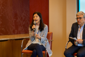 Companies explained their ESG strategies at our New York event. From left: Sarah Keh of Prudential Financial and Gilles Vermot Desroches of Schneider Electric.