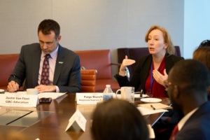 Justin van Fleet. Paige Blansfield, Program Officer Backing Equal Futures, American Express Foundation GBC-education's Skills Roundtable "Bridging the Gap Together: Empowering Youth for Future Workforce Success" on 19 September during UNGA 2023.
