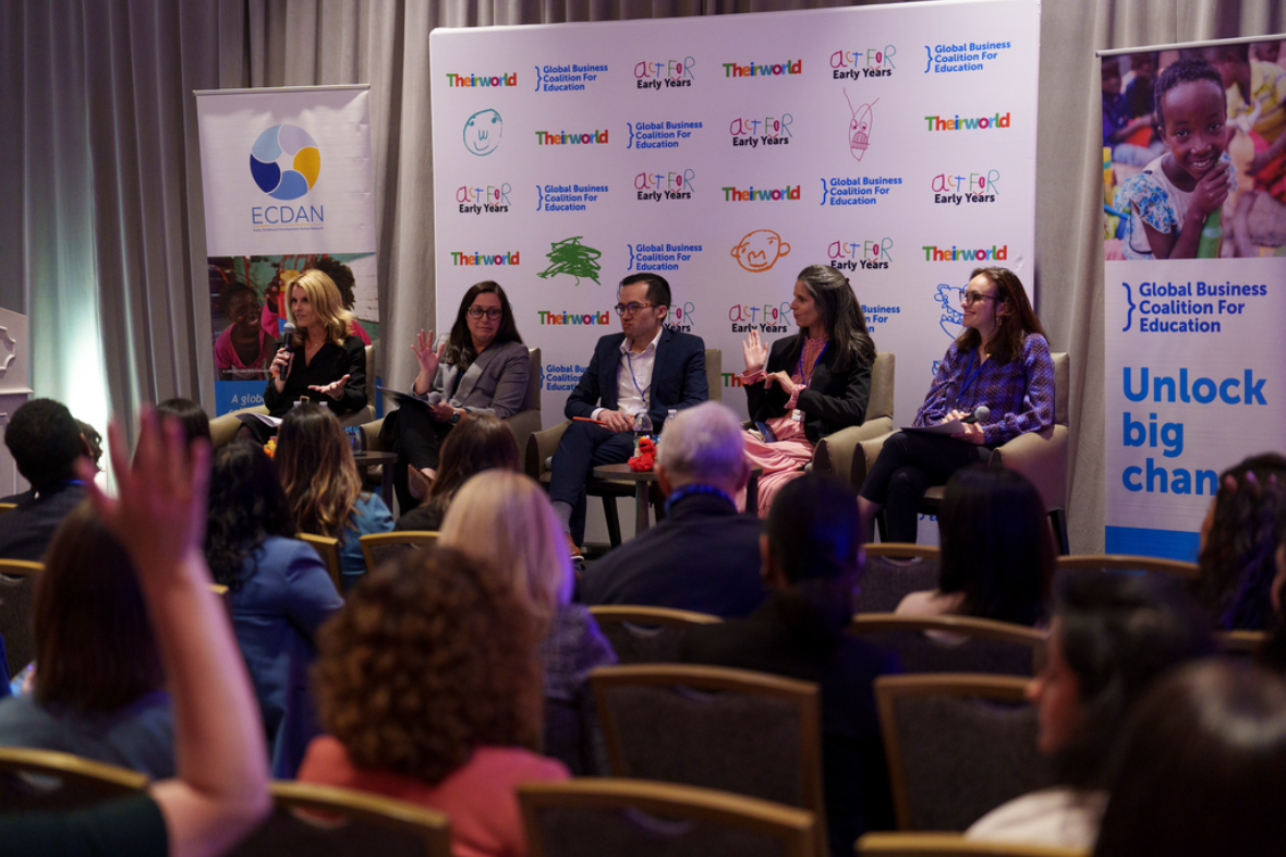 Adrienne Elrod, Democratic Strategist and President, Elrod Strategies, Caitlin Codella Low, Vice President of Policy and Programs, US Chamber of Commerce Foundation, Fred (Wen Jie) Tan, Head of Global Social Impact, Hewlett-Packard Enterprise, Mariana Luz, CEO, Maria Vidigal Foundation and Marissa Comart, Assistant Legal Counsel Employment, Etsy . Act for Early Years: Unlocking Investment for Our Youngest Learners event held during the IMF/World Bank Spring Meetings in Washington DC and hosted by Theirworld, GBC-Education, Sesame Workshop and ECDAN.