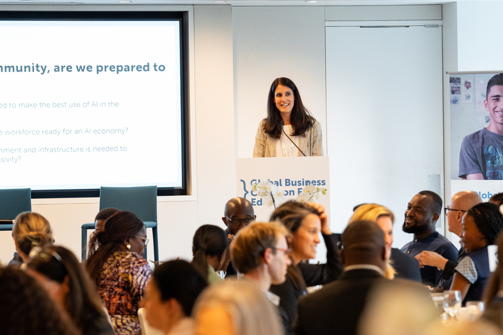 Emily Friedman, Head of Business Impact, Global Business Coalition for Education, speaking at an event.